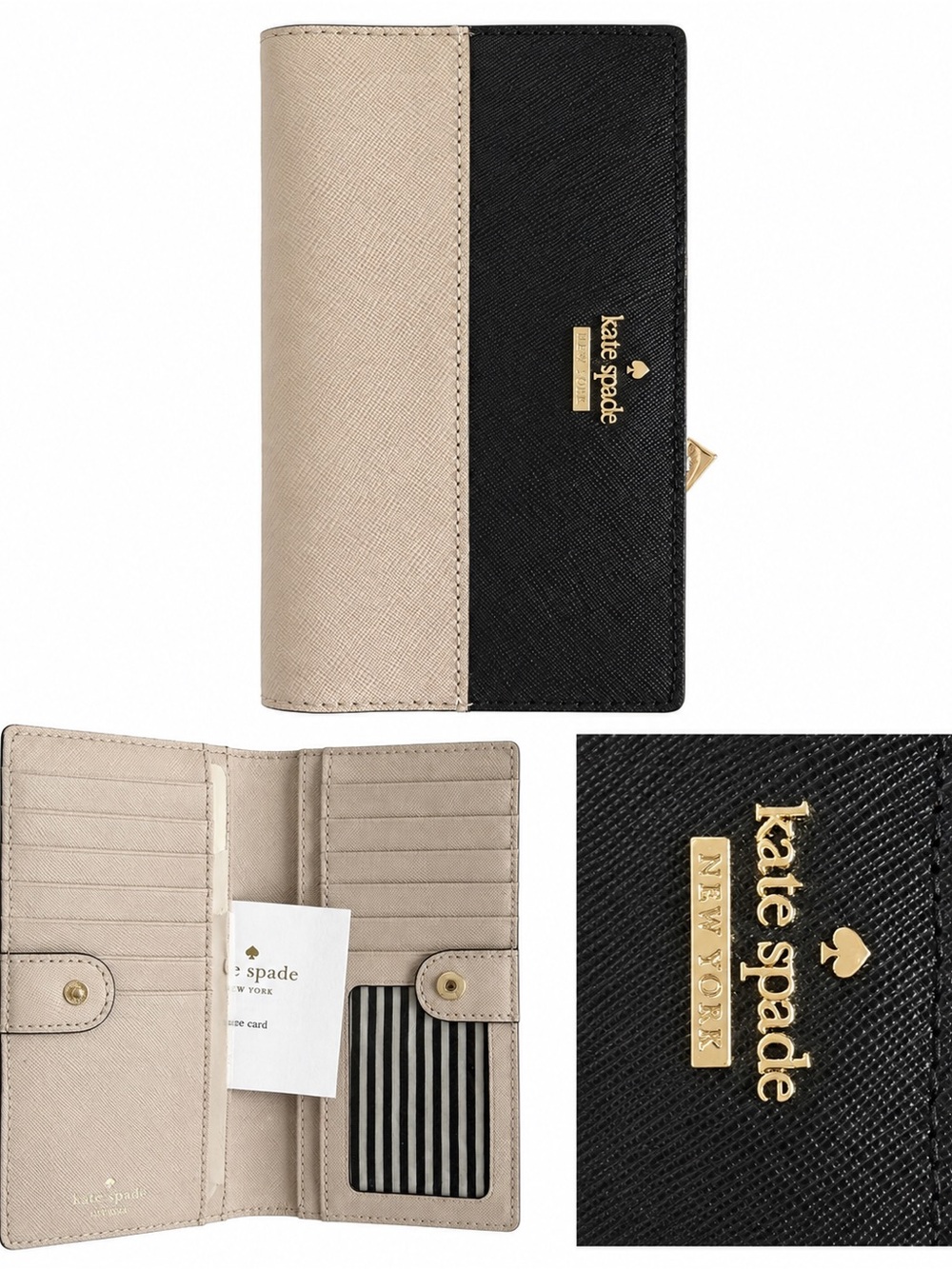 Kate Spade New York Colorblock Saffiano Leather Wallet Black Beige Gold